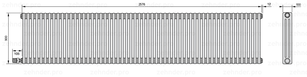 Схема (чертеж) Радиатор Zehnder Charleston 3090/56 №V004 Белый глянцевый RAL 9016